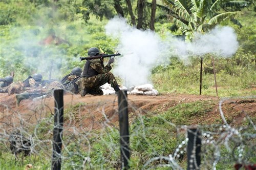 A Uganda People’s Defense Force soldier fires a rocket-propelled grenade during a live-fire  training Aug. 20, 2014, at Camp Singo, Uganda. U.S. Army Maj. Gen. Wayne Grigsby Jr., Combined Joint Task Force-Horn of Africa commanding general, and other leaders from CJTF-HOA watched the live-fire training, toured the training facilities and met with the commandant and training staff. (U.S. Air Force photo by Senior Airman Riley Johnson)