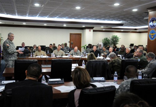 NAPLES, Italy - General Carter F. Ham, commander, U.S. Africa Command (AFRICOM), speaks to U.S. AFRICOM component commanders from Europe and Africa during the U.S. AFRICOM Component Commander's Conference on the Naval Support Activity in Naples, November 21, 2011. Commanders, deputy commanders, and command senior enlisted leaders from U.S. Naval Forces Europe-Africa, U.S. Marine Forces Africa, U.S. Army Africa, 17th Air Force, Joint Task Force-Horn of Africa, and Special Operations Command Africa gathered at Commander, U.S. Naval Forces Europe-Africa headquarters to discuss current and future operations concerning U.S. military involvement in Africa. (U.S. Navy photo by Petty Officer 2nd Class Stephen Oleksiak)  