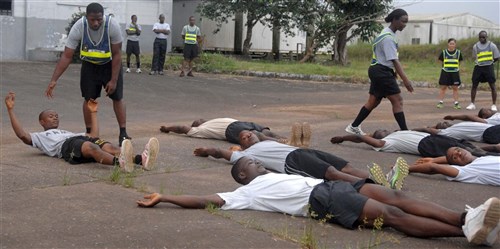 Armed Forces of Liberia drill sergeants attending a drill sergeant refresher course at Camp Ware, Liberia, lead trainees during a physical training scenario. Two U.S. Army instructors from Fort Jackson, S.C., assisted Operation Onward Liberty by teaching a week-long drill sergeant refresher course as the AFL prepares to enlist approximately 150 new recruits. OOL provides mentorship to the AFL to produce a capable, respected force able to protect Liberian interests in the West African region. In addition, the OOL is developing the leadership capabilities of the officers and noncommissioned officers to maintain a professional and credible military force with a reputation as a "force for good" among the Liberian people.