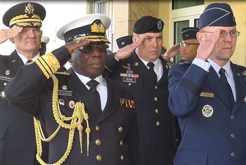 Arrival ceremony in honor of Ghana COD. Vice Adm. Mathew Quashie, Chief of Defence for the Ghana Armed Forces, is honored during an arrival ceremony at U.S. Africa Command at the Command’s headquarters at Kelly Barracks, U.S. Army Garrison Stuttgart, Germany, on April 7. Pictured left to right are U.S. Army Maj. Gen. David Sprynczatyk, the Adjutant General for the North Dakota National Guard, Vice Adm. Quashie, U.S. Army Cmd. Sgt. Maj. Darrin Bohn, Senior Enlisted Leader, U.S. Africa Command, and U.S. Air Force Maj. Gen. Michael Kingsley, Chief of Staff, U.S. Africa Command. (U.S. Africa Command photo by Brenda Law/Released)