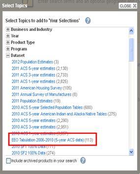 Expand Dataset by clicking on the "+" sign. Select "EEO Tabulation 2006-2010 (5-year ACS data)" by clicking on it. 