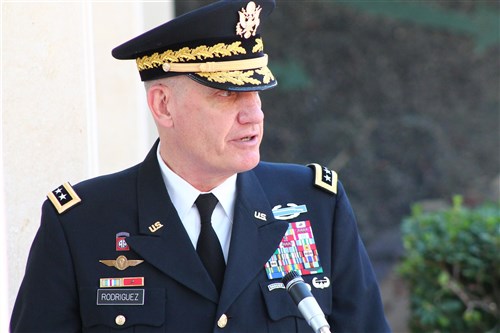 Gen. David Rodriguez delivers remarks as part of the wreath laying ceremony at the North Africa American Cemetery and Memorial, May 30, 2016. (U.S. Africa Command photo by Samantha Reho/Released)   