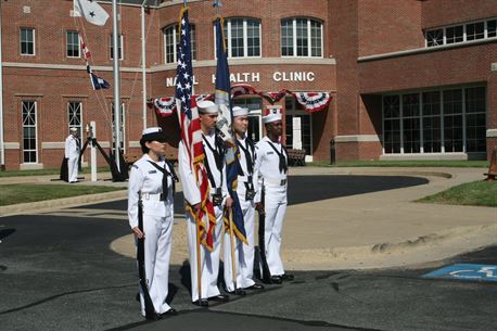 A Navy color guard prepares to present colors before the official start for the change of command ceremony for the Naval Health Clinic Quantico.