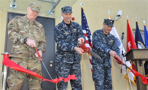 Ribbon cutting – (l-r) AFRICOM’s Director of Operations (J3), U.S. Army Maj. Gen. Bryan Watson, Deputy to the Commander for Military Operations, U.S. Navy Vice Adm. Michael Franken, and JOC Chief, U.S. Navy Cdr. Tim Curry, cut the ribbon to an open house event for the new AFRICOM joint operations center, Feb. 5, 2016, U.S. Army Garrison Stuttgart, Germany. (U.S. Africa Command photo by Brenda Law/RELEASED)