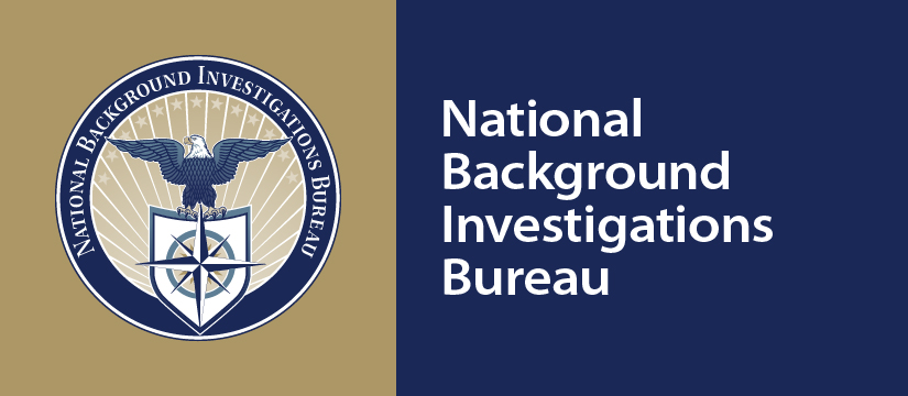 A gold background on the left with the NBIB seal in dark blue. The right half has a navy blue background with the white text National Background Investigations Bureau and NBIB.gov in the right corner.