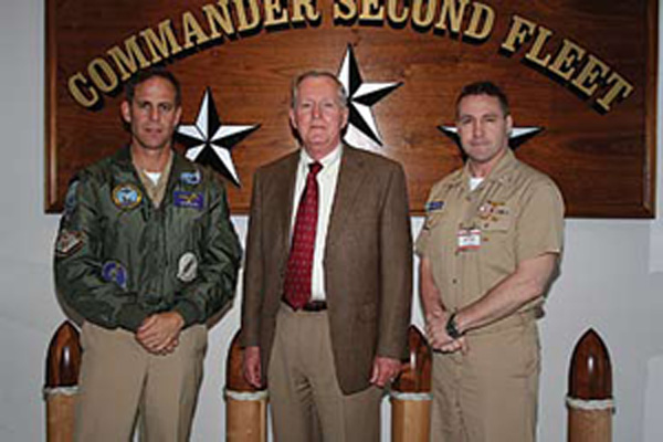 Capt. Steve Snyder, deputy director of the MHQ with MOC at Second Fleet; Mr. Tom Forbes, Second Fleet’s science adviser; and Capt. Steven Swittel, director of the Maritime Battle Center for Sea Trial experimentation at Navy Warfare Development Command.