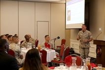 Maj. Gen. Frederick Padilla, president of the National Defense University at Fort McNair, Washington, D.C., gives a keynote address during the National Hispanic Heritage Month Luncheon hosted by Marine Corps Systems Command Oct. 13, at The Clubs at Quantico. Padilla, whose father was an officer in the U.S. Air Force and whose grandfather served in the Army during World War I, shared the story of how his grandparents came to live in America. “My story is not unique,” Padilla said. “It’s an American story. We all have an American story.” Padilla also talked about Marine Staff Sgt. Riayan Tejeda, who was killed in combat in Iraq in 2003, and posthumously granted U.S. citizenship. (U.S. Marine Corps photo by Monique Randolph)