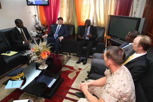 U.S. Marines and U.S. Embassy Benin officials meet with Benin’s Minister of Interior Placide Azande Aug. 28, to discuss the partner-nation training that will take place between U.S. Marines and sailors and policemen with Benin's National Surveillance Police. Azande met with the Marines and U.S. Embassy Benin Chargé d'affaires Todd Whatley to discuss the country’s security concerns and to express his gratitude for the Marines' willingness to train the National Surveillance Police to secure its border. (Official U.S. Marine Corps photo by Staff Sgt. Bryan A. Peterson)