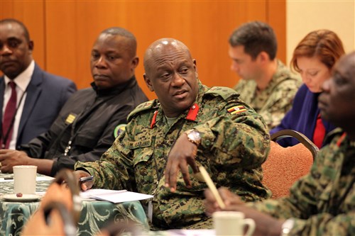 Col. Michael Kabango, the Operation Lightning Thunder commander with the Ugandan People’s Defence Force, gives remarks during a Central Africa break out session at the Special Operations Command – Africa Commander’s Conference on Monday, November 16.  Col. Kabango described challenges facing UPDF forces during the search for Joseph Kony and potential strategies for neighboring forces to work together in the coming months.
(Special Operations Command Africa photo by Sgt. 1st Class Anthony L. Taylor/Released)
