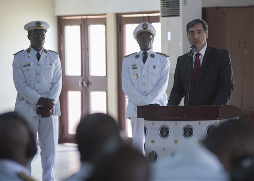 160325-N-QF605-118
DOUALA, Cameroon (March 25, 2016) - U.S. Ambassador to Cameroon, Michael S. Hoza, speaks during the Exercise Obangame/Saharan Express 2016 closing ceremony in Douala, Cameroon, March 25, 2016. Obangame/Saharan Express, one of three African regional express series exercises facilitated by U.S. Naval Forces Europe-Africa/U.S. 6th Fleet, seeks to increase regional cooperation, maritime domain awareness, information sharing practices and improve interoperability among participating forces in order to enhance maritime security and regional economic stability. (U.S. Navy photo by Mass Communication Specialist 1st Class Amanda Dunford/Released)