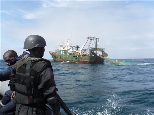 160410-G-XX888-864 (April 10, 2016) ATLANTIC OCEAN - U.S. coast guard law enforcement detachment members assist Senegalese navy personnel to conduct a boarding of a fishing vessel as part of Africa Maritime Law Enforcement Partnership, April 10, 2016. The combined U.S.- Senegal operation was conducted from the Senegalese navy ship Kedougou (OPV 45), the first time ever AMLEP has been executed without a U.S. vessel. AMLEP is a U.S. Naval Forces Europe-Africa/U.S. 6th Fleet facilitated theater security cooperation initiative that aims to build African partner nation capacity to patrol and enforce maritime law within that nation's territorial waters and economic exclusive zone. (U.S. Coast Guard photo by Maritime Enforcement Specialist 1st Class Glen Hyzak/Released)