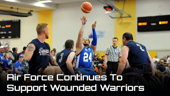 U.S. Air Force Staff Sgt. Sven Perryman from San Antonio, Texas, shoots the ball during a wheelchair basketball match against the U.S. Navy at the 2016 DoD Warrior Games held at U.S. Military Academy at West Point, NY, June 18, 2016. The DoD Warrior Games, June 15-21, is an adaptive sports competition for wounded, ill and injured service members and Veterans. Athletes representing teams from the Army, Marine Corps, Navy, Air Force, Special Operations Command and the United Kingdom Armed Forces compete in archery, cycling, track and field, shooting, sitting volleyball, swimming, and wheelchair basketball. (U.S. Air Force Photo by Tech. Sgt. Steve Grever/Released)