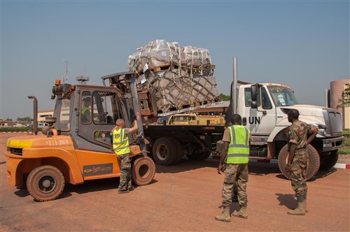 Strategic Lift - U.S. Air Force Crew Loads Aravis:  McGuire Air Force Base and McChord Air Force Base personnel work together to load a Gabonese armored personnel carrier on a C-17 before departing for Bangui, Central African Republic; Dec. 15, 2015, Libreville, Gabon. Both the U.S. and France provided military manpower in Libreville, Gabon, and the Central African Republic’s capital, Bangui, to help with the loading/unloading and transport of equipment.  The result was the timely deployment of more than 450,000 pounds of vital equipment and vehicles for the Gabonese military. (Photo courtesy of French military, ADC Laminette/RELEASED)