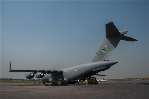 Strategic Lift: A U.S. C17 cargo plane arrives in Bangui, Central African Republic, Dec. 15, 2015. Both the U.S. and France provided military manpower in Libreville, Gabon, and the Central African Republic’s capital, Bangui, to help with the loading/unloading and transport of equipment.  The result was the timely deployment of more than 450,000 pounds of vital equipment and vehicles for the Gabonese military. (Photo courtesy of French military, ADC Laminette/RELEASED)