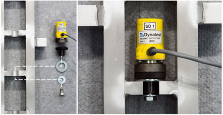 Figure 121. Photo. Attachment of a JILS or Carl Bro geophone to the stand. This photo shows the attachment of JILS geophones in the calibration stand and a close-up of an attached JILS sensor. The left panel shows the six components in an unassembled layout. The components are the JILS geophone, which is an orange plastic cylinder with a wire out the back and a bolt out the bottom, a small upper washer, a large lower washer, a black knurled knob, and the front side of the geophone stand with a notched shelf for placing the geophone. The right panel shows the JILS geophone bolted to the knob in the stand.