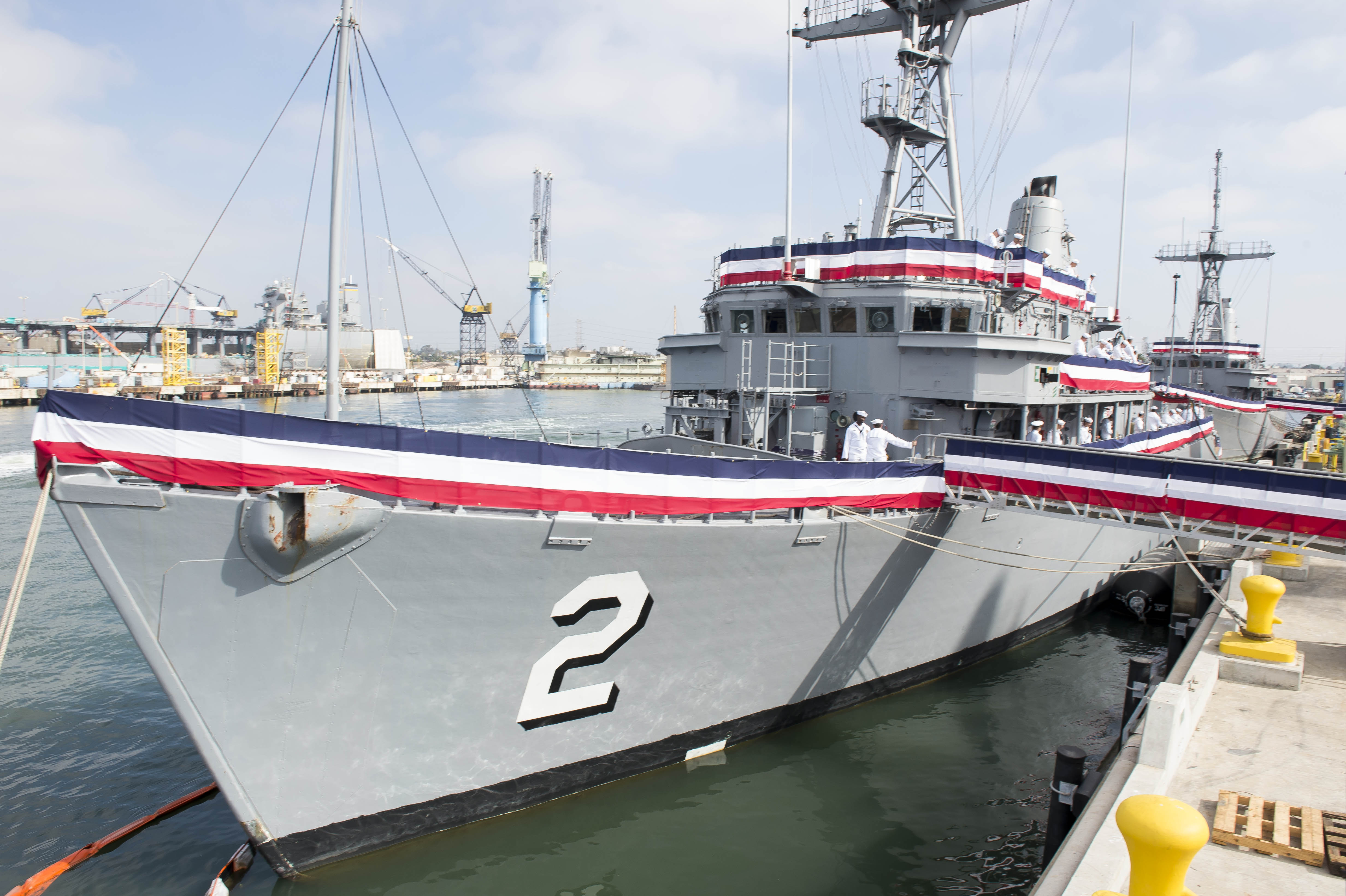 SAN DIEGO (Oct. 1, 2014) The mine countermeasures ship USS Defender (MCM 2) is prepared for its decommissioning ceremony. Defender decommissioned after 25 years of service. U.S. Navy photo by Mass Communication Specialist 3rd Class Conor Minto.