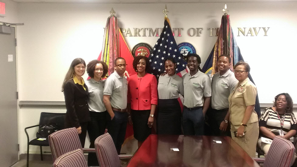 Department of the Navy Principal Deputy Chief Information Officer Barbara Hoffman; Kimber Valentine, University of South Florida; William Harris, Howard University; DON CIO Chief of Staff Lynda Pierce; Erika Hall, Spelman College; Christopher Jones, Morehouse College; Micah Jones, Tuskegee University; and Capt. Maxie Davis.