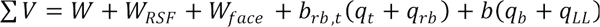 Summation of V equals W plus W subscript RSF plus W subscript face plus the product of b subscript rb,t and the sum of q subscript t and q subscript rb plus the product of b and the sum of q subscript b and q subscript LL