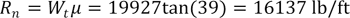 R subscript n equals W subscript t times mu equals 19927 times tangent of 39 degrees which equals 16137 lb/ft.