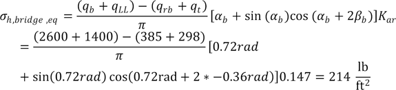 Sigma subscript h,bridge,eq equals the product of the quotient of the difference of q subscript b plus q subscript LL and q subscript rb plus q subscript t and pi, and the sum of alpha subscript b and the product of sine of alpha subscript b and the cosine of the sum of alpha subscript b and twice beta subscript b, and K subscript ar equals the product of the quotient of the difference of 2600 plus 1400 and 385 plus 298 and pi, and the sum of 0.72 radians and the product of sine of 0.72 radians and the cosine of the sum of 0.72 radians and twice -0.36 radians, and 0.147 which equals 214 psf.