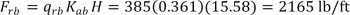 F subscript rb equals q subscript rb times K subscript ab times H equals 385 times 0.361 times 15.58 which equals 2165 lb/ft.