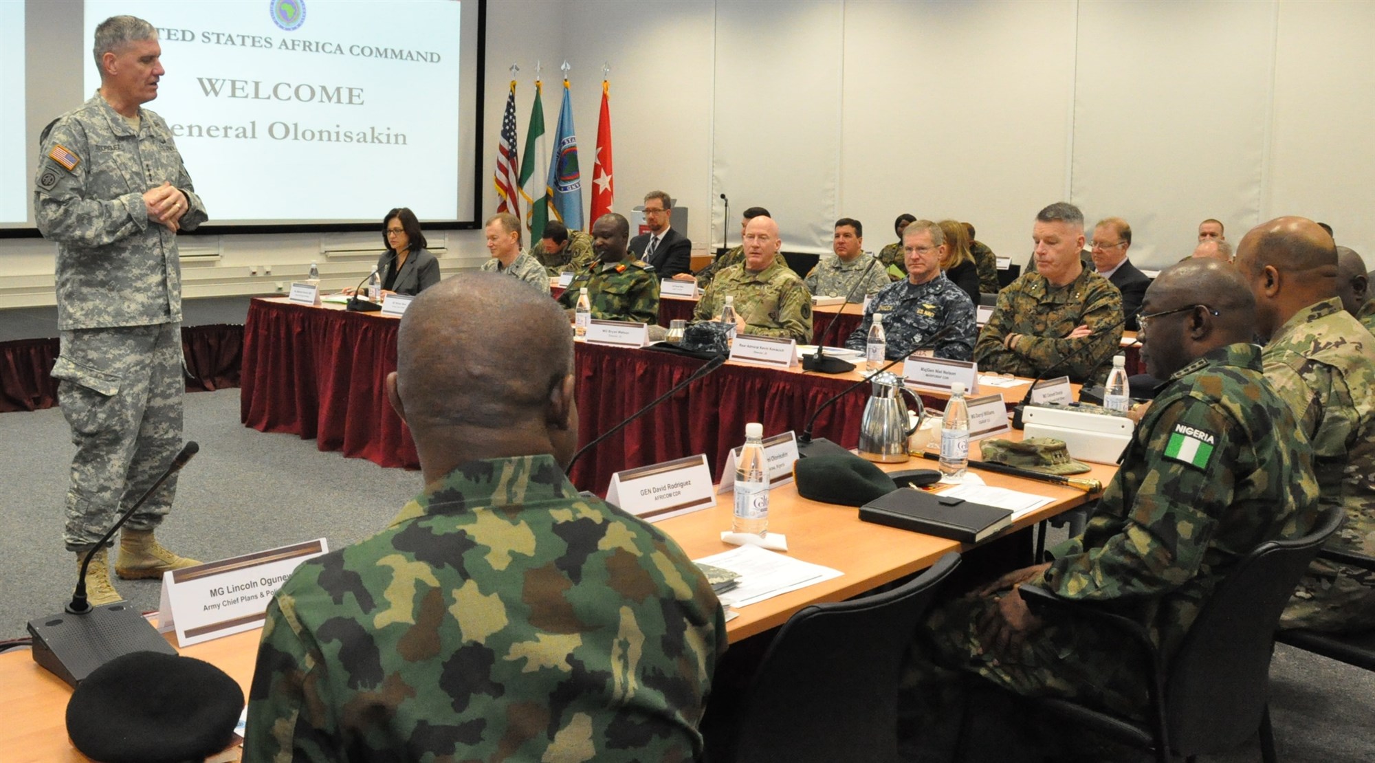 Gen. David Rodriguez, commander, U.S. Africa Command delivers opening remarks for a two-day meeting with Gen. Abayomi Olonisakin, Nigeria CDS, and several of his most senior officers.  The purpose of the visit was to reinforce the importance of a strong US-Nigeria security cooperation relationship, with topics focused on ways to counter terrorism, joint operations, logistics and maritime security in the Gulf of Guinea, Feb. 9, 2016, U.S. Army Garrison Stuttgart, Germany. (Photo by Brenda Law, U.S. Africa Command Public Affairs/RELEASED)