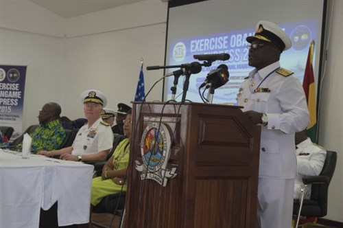 Ghanaian Chief of the Naval Staff Rear Adm. Geoffrey Mawuli Biekro speaks during the closing ceremony of Exercise Obangame Express March 27, 2015. Obangame Express is a U.S. Africa Command-sponsored multinational maritime exercise designed to increase maritime safety and security in the Gulf of Guinea. (U.S. Navy photo by Mass Communication Specialist 1st Class David R. Krigbaum/Released)