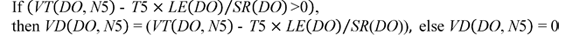 Figure 13. Equation. Domain vehicle delay. If open parenthesis VT open parenthesis DO and N5 closed parenthesis minus T5 times LE open parenthesis DO closed parenthesis divided by SR open parenthesis DO closed parenthesis is greater than zero closed parenthesis, then VD open parenthesis DO and N5 closed parenthesis equals open parenthesis VT open parenthesis DO and N5 closed parenthesis minus T5 times LE open parenthesis DO closed parenthesis divided by SR open parenthesis DO closed parenthesis closed parenthesis. Else VD open parenthesis DO and N5 closed parenthesis equals 0.