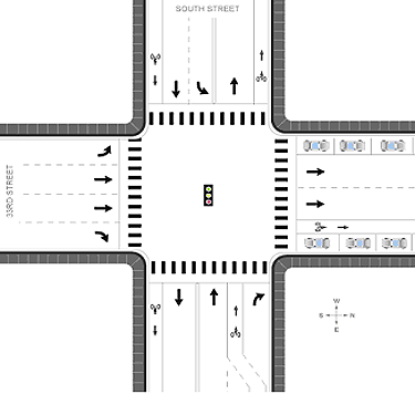 B. A bicyclist (assumed to have left the bike lane and held to the right shoulder) will not need to cross or 
		enter any lanes to make a right turn. The top right picture shows the intersection of two two-lane roads, South Street and 33rd Street. South Street runs 
		west-east while 33rd Street is a one-way road running north. There are bike lanes on both sides of South Street. The bike lane on South Street approaching the 
		intersection from the east crosses over the right-turn lane. There is a bike lane on 33rd Street north of the intersection on the east side of the road. The 
		bicyclist in this example approaches the intersection on South Street from the east and riding in the bike lane. The R-T-CROSS value for this picture is 0.