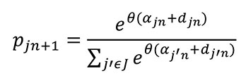 This equation reads P subscript j subscript n plus 1 equals natural exponential constant superscript Gumbel distribution parameter product alpha subscript j subscript n plus d subscript j subscript n, end quantity, over summation subscript j prime subscript element of subscript J natural exponential constant superscript Gumbel distribution parameter product alpha subscript j prime subscript n plus d subscript j prime, subscript n, end quantity