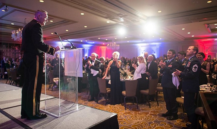 Marine Corps Gen. Joe Dunford, chairman of the Joint Chiefs of Staff, delivers the keynote remarks during the 2016 Armed Services YMCA Angels of the Battlefield Awards Gala in Arlington, Virginia, Nov. 4, 2016. The 10th Annual Angels of the Battlefield Awards Gala honored medics, corpsmen and pararescuemen who demonstrated extraordinary courage while administering life-saving medical treatment and trauma care on the battlefield. (DoD photo by Army Sgt. James K. McCann)