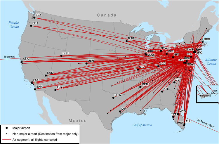 Figure 1: Air Segments on Which all Flights Departing From a Major Airport Were Canceled: Feb, 10, 2010. If you are a user with disability and cannot view this image, call 800-853-1351.