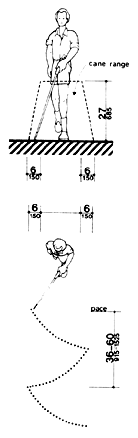 The forward pace (right and left sweep of a cane) length is between 36 and 60 inches (915-1525 mm).