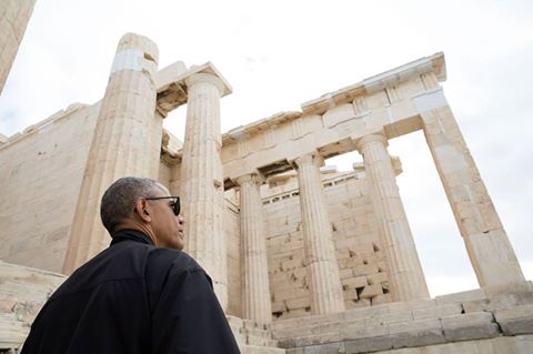 'President Barack Obama takes a tour of the Acropolis in Athens, Greece, Nov. 16, 2016. Dr. Eleni Banou, Director, Ephorate of Antiquities for Athens, Ministry of Culture, leads the tour. (Official White House Photo by Pete Souza)'
