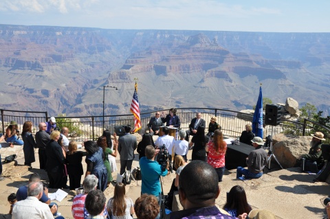 DHS and USCIS celebrated the National Park Service Centennial with naturalization ceremonies across the country. These new U.S. citizens took the Oath of Allegiance at the Grand Canyon. Join them, and find your park! Official photo by the U.S. Department of the Interior.