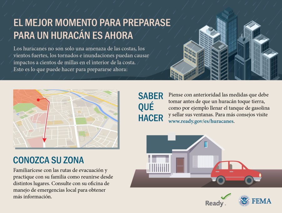 Grafica dividida en tres secciones. 
En la primera parte, hay un paisaje de ciudad con lluvia y aguas de inundación. 
Texto: Los huracanes no son solo una amenaza de las costas, los vientos fuertes, los tornados e inundaciones puedan causar impactos a cientos de millas en el interior de la costa. Esto es lo que puede hacer para prepararse ahora:
La segunda parte, muestra un mapa con una zona roja indicando peligro y una flecha indicando una zona de evacuación. 
Texto: Conozca su zona Familiarícese con las rutas de evacuación y practique con su familia como reunirse desde distintos lugares. Consulte con su oficina de manejo de emergencias local para obtener más información.  
La última parte, muestra una casa y un automóvil rojo.
Texto: Saber qué hacer Piense con anterioridad las medidas que debe tomar antes de que un huracán toque tierra, como por ejemplo llenar el tanque de gasolina y sellar sus ventanas. Para más consejos visite www.ready.gov/es/huracanes.