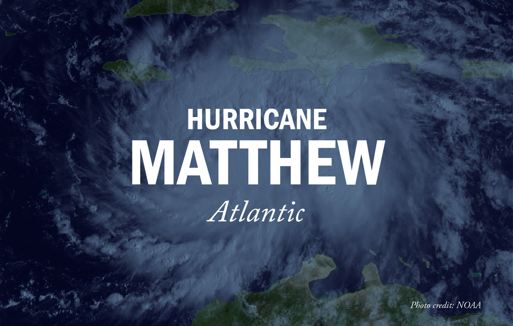 Satellite image of Hurricane Matthew. Text reads: Hurricane Matthew, Atlantic. Photo credit: NOAA.