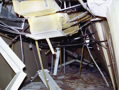 Non-structural damage to the basement of the Olive View Medical Treatment Building caused by the 1971 San Fernando earthquake. © 1971 by Earthquake Engineering Research Center and Regents of the University of California.