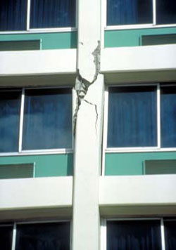 Damage to older, reinforced concrete building in the 1994 Northridge Earthquake. © 1994 by Peter W. Clark and Regents of the University of California.
