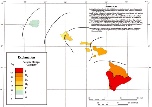 SDC map of Hawaii for low-rise Occupancy Category I and II structures located on sites with average alluvial soil conditions.