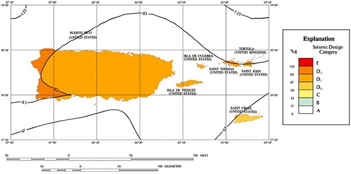 SDC map of Puerto Rico, the United States Virgin Islands, and Tortola for low-rise Occupancy Category I and II structures located on sites with average alluvial soil conditions.