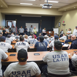 <p>Gonzales, La, Thursday, August 19, 2016 -- Regional Response Team Six receiving their briefing before conducting search and rescue operations in Ascension Parish. (Photo by J.T. Blatty/FEMA)</p>