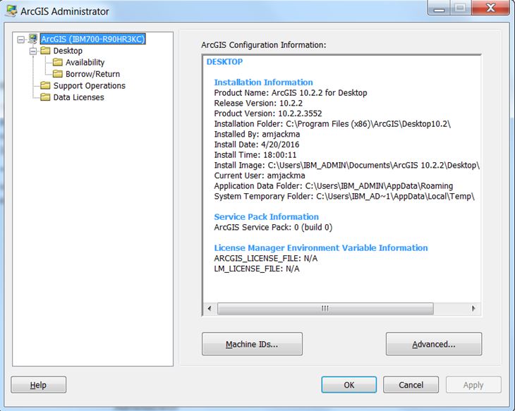 Image of the ArcGIS Administrator window. Users will check to see if all folders and license information is visible.