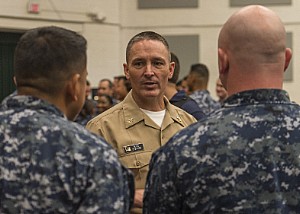 Master Chief Petty Officer of the Navy (MCPON) Mike Stevens speaks with Sailors after an all-hands call at Naval Station Norfolk.