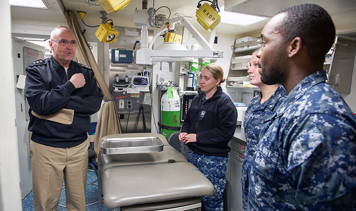 Vice Adm. Forrest Faison, surgeon general and chief of Bureau of Medicine and Surgery, speaks with Sailors assigned to the USS Ross medical department as part of a tour of the ship. The U.S. Navy's top doctor presented the new mission, vision, principles and priorities for Navy Medicine, with rapid change being the driving force. (U.S. Navy photo by Mass Communication Specialist 2nd Class Daniel James Lewis)
