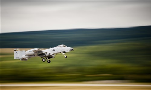 An A-10C Thunderbolt II “Warthog” aircraft from the 163rd Expeditionary Fighter Squadron, lifts into the air during Operation Atlantic Resolve, July 19, 2016, at Sliač Air Base, Slovakia. Airmen of the 163rd Expeditionary Fighter Squadron have been taking part in OAR to conduct training and familiarization events alongside our NATO ally, Slovakia. The U.S. presence in Europe and the relationships build over the past 70 years provide strategic access critical to meet our NATO commitment to respond to threats against our allies and partners. (U.S. Air National Guard photo by Staff Sgt. William Hopper)