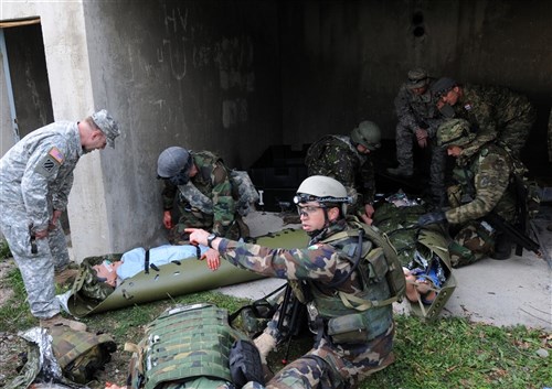 A team of multinational Special Operations Forces medics from Hungary, Croatia and Ukraine undergo extreme stress inoculation from U.S. SOF medical personnel during their Field Training Exercise as part of the Tactical Combat Casualty Care (TCCC) course held in Udbina, Croatia. 
U.S. Special Operations Command Europe (SOCEUR) developed and conducted the TCCC Train-the-Trainer course to enhance the SOF capability and interoperability of SOF medics from eight NATO and partner nations, but most importantly, to incorporate one recognized standard for managing trauma on the battlefield. (U.S. Army photo by Master Sgt. Donald Sparks, SOCEUR Public Affairs Officer  â? photo approved for public release by Master Sgt. Donald Sparks, SOCEUR PAO).
