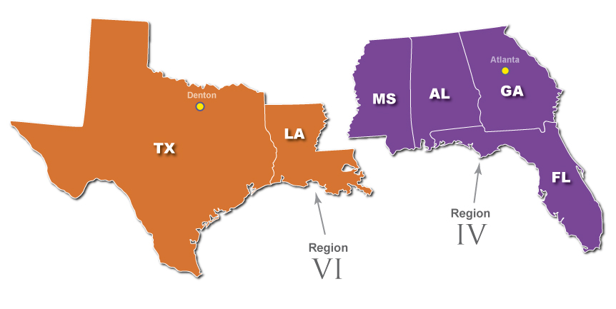 Map of the Gulf of Mexico Coastal area, including the states of Texas and Louisiana in FEMA Region 5 and Mississippi, Alabama, Georgia, and Florida in FEMA Region 4.