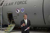 Secretary of Defense Ash Carter addresses faculty and staff of the 711th Human Performance Wing during his tour of the unit at Wright-Patterson Air Force Base, Ohio, Nov. 3, 2016. Part of Carter’s tour included a briefing and demonstration of the latest in wearable sensor technology currently being developed by the 711 HPW. (U.S. Air Force photo/Wesley Farnsworth)