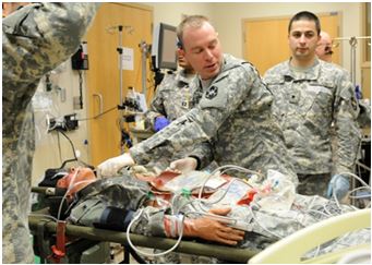 U.S. Army Reserve 1st Lt. John Gotta, a South Kingstown, Rhode Island native and emergency room nurse with the 399th Combat Support Hospital, 804th Medical Brigade, 3rd Medical Command (Deployment Support) makes sure it is clear before delivering a shock to a simulated casualty during an exercise held April 2, 2016 at the Mayo Clinic Multidisciplinary Simulation Center in Rochester, Minnesota. The purpose of the exercise was for the 399th CSH Soldiers to practice the DoD mandated framework known as TeamSTEPPS. (Photo by Staff Sgt Andrea Merritt)